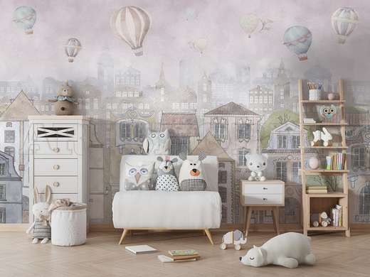 Wall Mural - City buildings and hot air balloons on a pink background