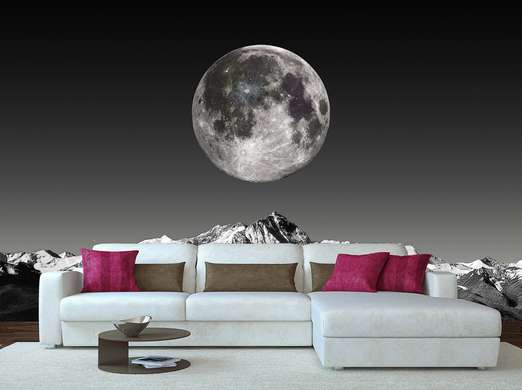 Wall Mural - Black and white landscape with moon over mountains