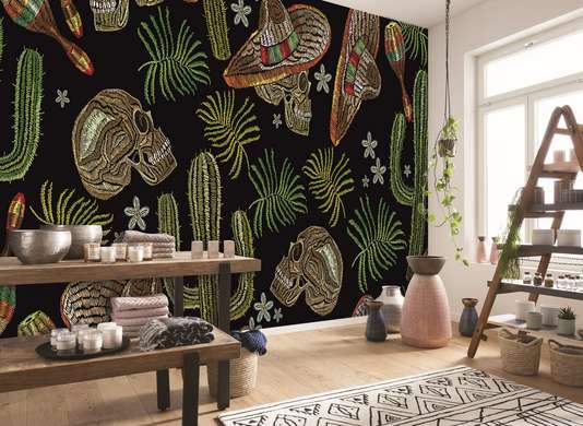 Wall Mural - Seamless print of cacti and skulls on a black background