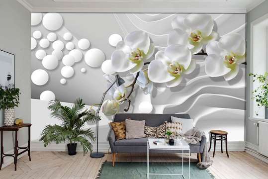 Fototapet 3D - Orhidee albă și sfere pe un perete abstract