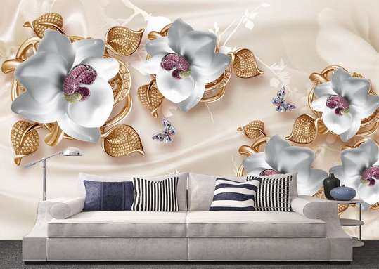 3D Wallpaper - Flowers from ceramics on a beige background.