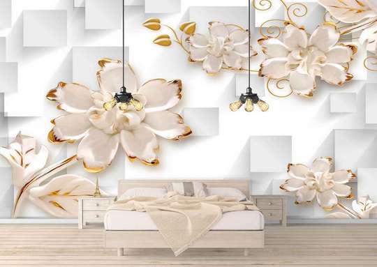 Wall Mural - Golden flowers and white squares