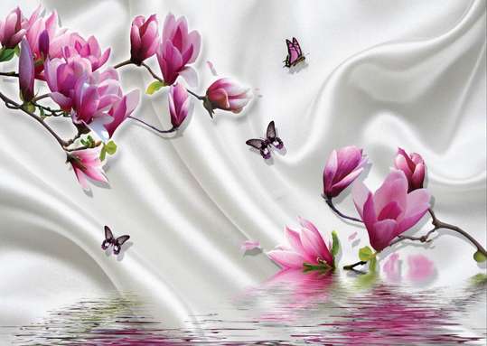 Фотообои - Цветы и розовые бабочки на фоне воды