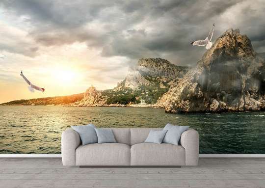 Wall Mural - Foggy sunset over the hills.