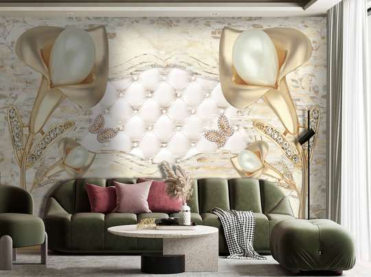 Wall Mural - Golden flowers with butterflies on a beige background