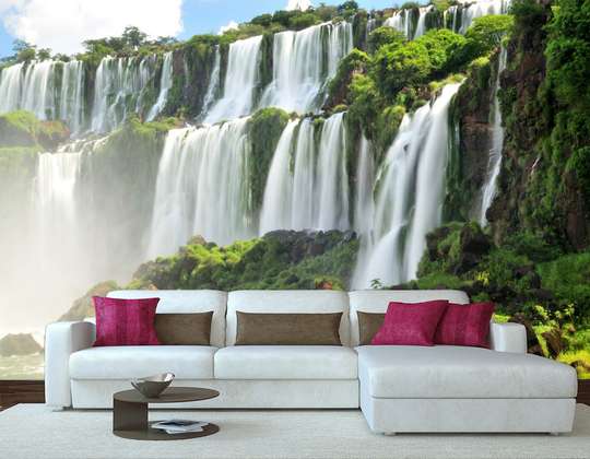 Фотообои - Красивый водопад на фоне зеленых холмов