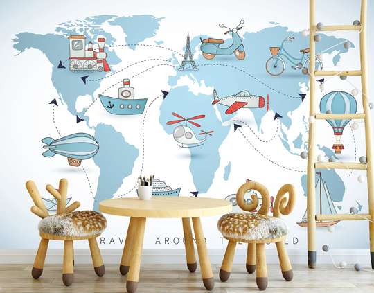 Wall mural in the nursery - Children's map of the world with a marine theme