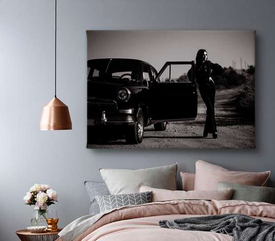 Poster - Fată și mașină retro, 45 x 30 см, Panza pe cadru