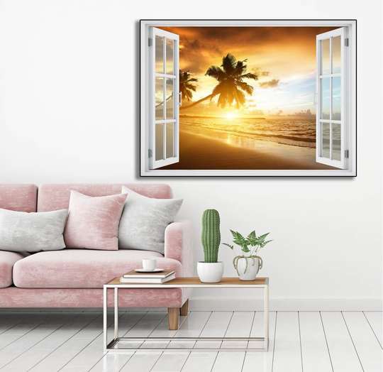 Наклейка на стену - 3D-окно с видом на море на рассвете, 130 х 85