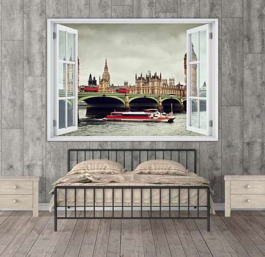 Stickere pentru pereți - Fereastra cu vedere spre un vapor din Londra, Imitarea Ferestrei, 130 х 85