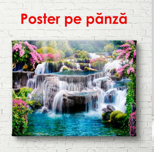 Постер - Фиолетовые цветы возле водопада, 90 x 60 см, Постер в раме