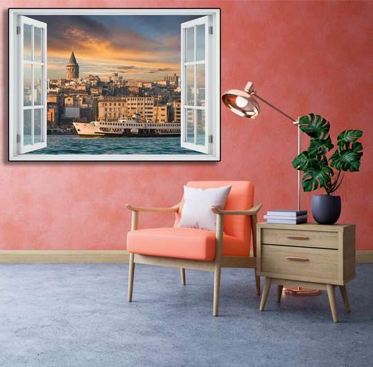 Wall Sticker - Window with a view of the boat and the city on the seashore, Window imitation