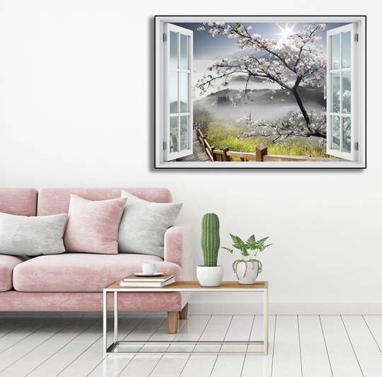 Wall Sticker - Window with tree view in the mountains, Window imitation