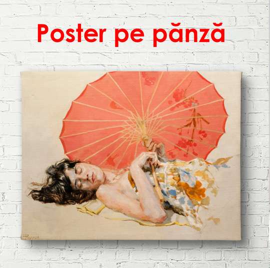 Poster - Femeia chineză cu o umbrelă roșie, 90 x 60 см, Poster înrămat