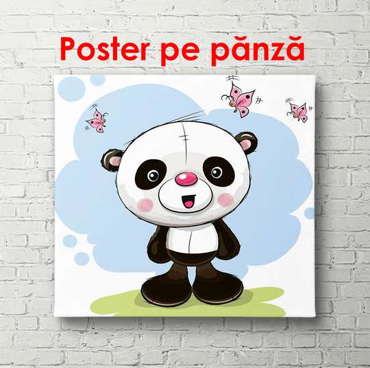 Poster - Panda cu fluturi pe un fundal de primăvară, 100 x 100 см, Poster înrămat, Pentru Copii