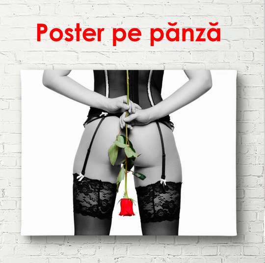 Постер - Красная роза в руках у девушки, 90 x 60 см, Постер в раме, Ню