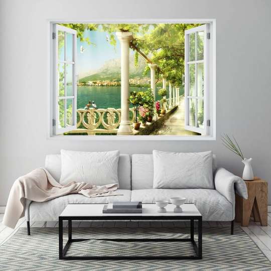 Wall Sticker - 3D window with flower terrace view and two doves, Window imitation