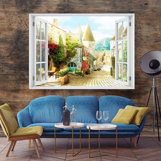 Wall Sticker - 3D window with a view of the castle of stories, Window imitation
