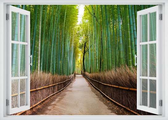Stickere pentru pereți - Fereastra cu vedere spre o pădure de bambus, Imitarea Ferestrei, 130 х 85