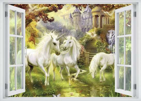 Wall Sticker - Window overlooking the garden with unicorns, Window imitation