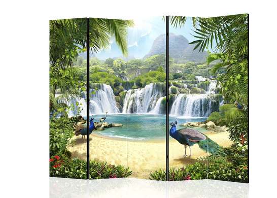 Screen - Paradise Island with a blue peacock., 3