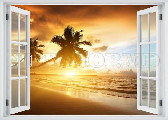 Наклейка на стену - 3D-окно с видом на море на рассвете, Имитация окна, 70 х 50