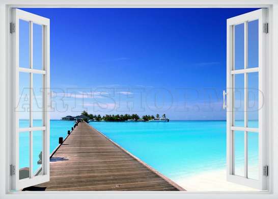 Наклейка на стену - Окно с видом на чудесное море, Имитация окна, 70 х 50