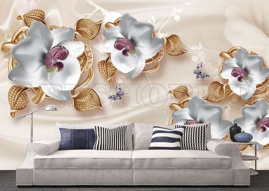 3D Wallpaper - Flowers from ceramics on a beige background.