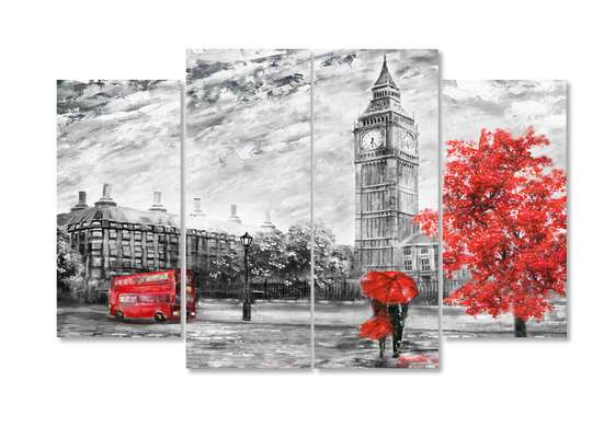 Modular painting, London gray with red accents, 198 x 115
