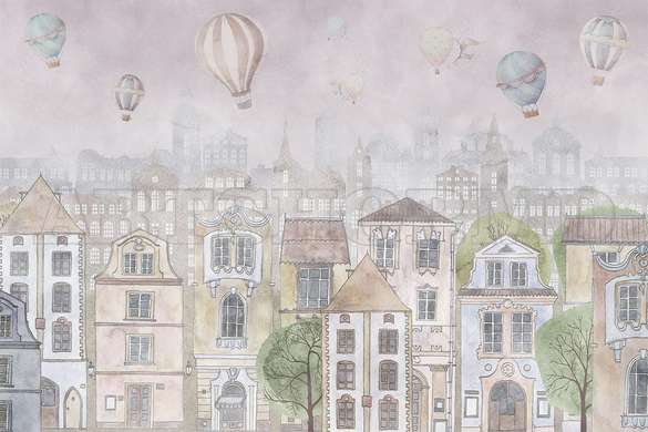 Wall Mural - City buildings and hot air balloons on a pink background