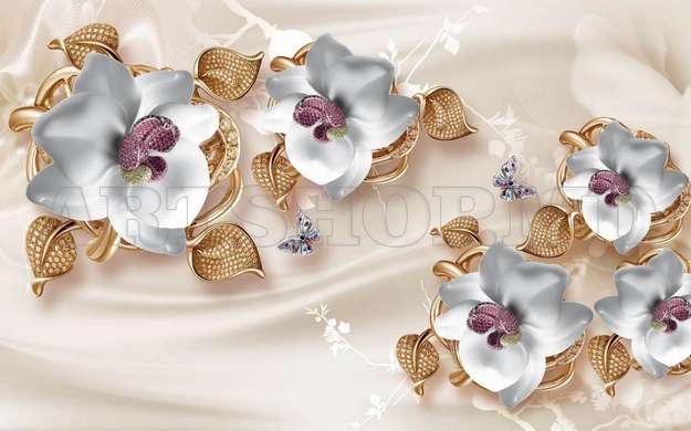 3D Wallpaper - Flowers from ceramics on a beige background.