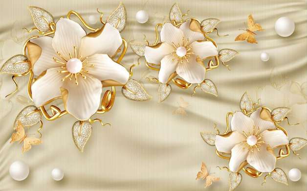 Screen - Golden flowers on a beige silk background, 7