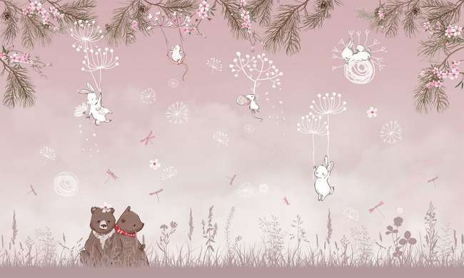 Wall mural for the nursery - Bear cubs and bunnies