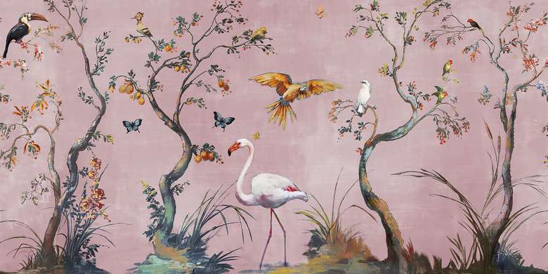 Фотообои - Фламинго и тропические птицы и деревья на розовом фоне