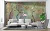 Wall Mural - Flamingos and tropical birds and trees on a green background