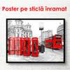Poster - Cabine de telefon roșii și un autobuz roșu pe un fundal al orașului, 90 x 60 см, Poster înrămat, Alb Negru
