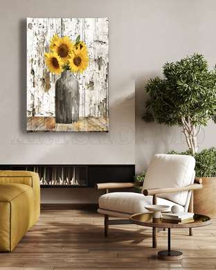 Poster - Yellow Sunflower Bouquet, 60 x 90 см, Framed poster on glass, Flowers