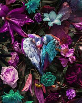 Poster - Multicolored parrots in flowers, 30 x 45 см, Canvas on frame, Animals