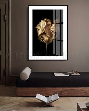 Постер - Золотой цветок, 30 x 45 см, Холст на подрамнике, Гламур
