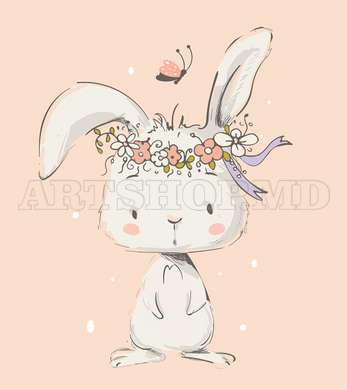 Poster - Bunny with a wreath on his head, 100 x 100 см, Framed poster on glass, For Kids