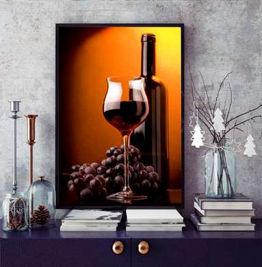 Постер - Бокал и бутылка вина на коричневом фоне, 45 x 90 см, Постер в раме, Еда и Напитки
