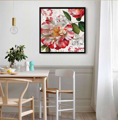 Постер - Красно белый винтажный цветок, 100 x 100 см, Постер на Стекле в раме, Прованс