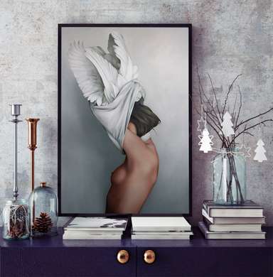 Poster - Fata își scoate cămașa albă, 30 x 45 см, Panza pe cadru, Nude