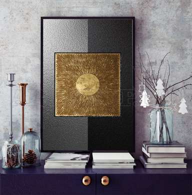 Poster - Golden sun in black-grey background, 60 x 90 см, Framed poster on glass, Abstract