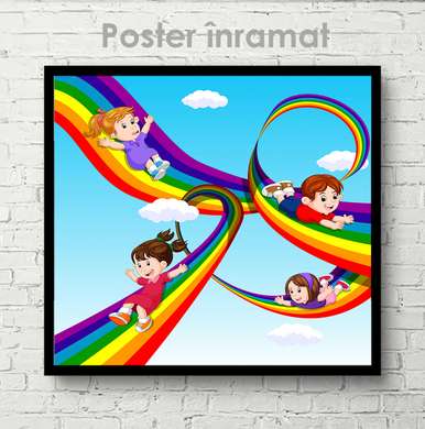 Постер - Дети и радуга, 100 x 100 см, Постер на Стекле в раме, Для Детей