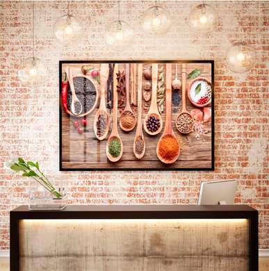Poster - Wooden spoons with spices, 90 x 60 см, Framed poster, Food and Drinks