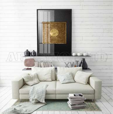 Poster - Golden sun in black-grey background, 30 x 45 см, Canvas on frame, Abstract