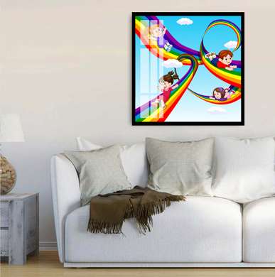 Постер - Дети и радуга, 40 x 40 см, Холст на подрамнике