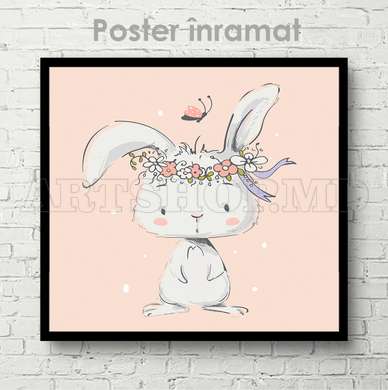 Poster - Bunny with a wreath on his head, 100 x 100 см, Framed poster on glass, For Kids