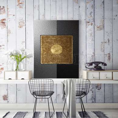 Poster - Golden sun in black-grey background, 60 x 90 см, Framed poster on glass, Abstract